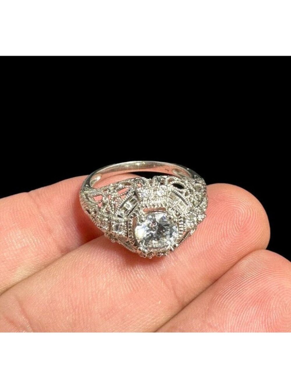 Signed MEDA 925 Ring Sterling Silver Clear CZ Cubic Zirconia Filigree Size 10